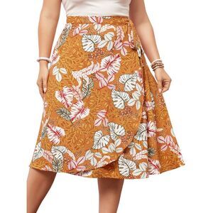 Plus Size a Line Midi Boho Ruffled Hem Wrap Floral Skirt Orange